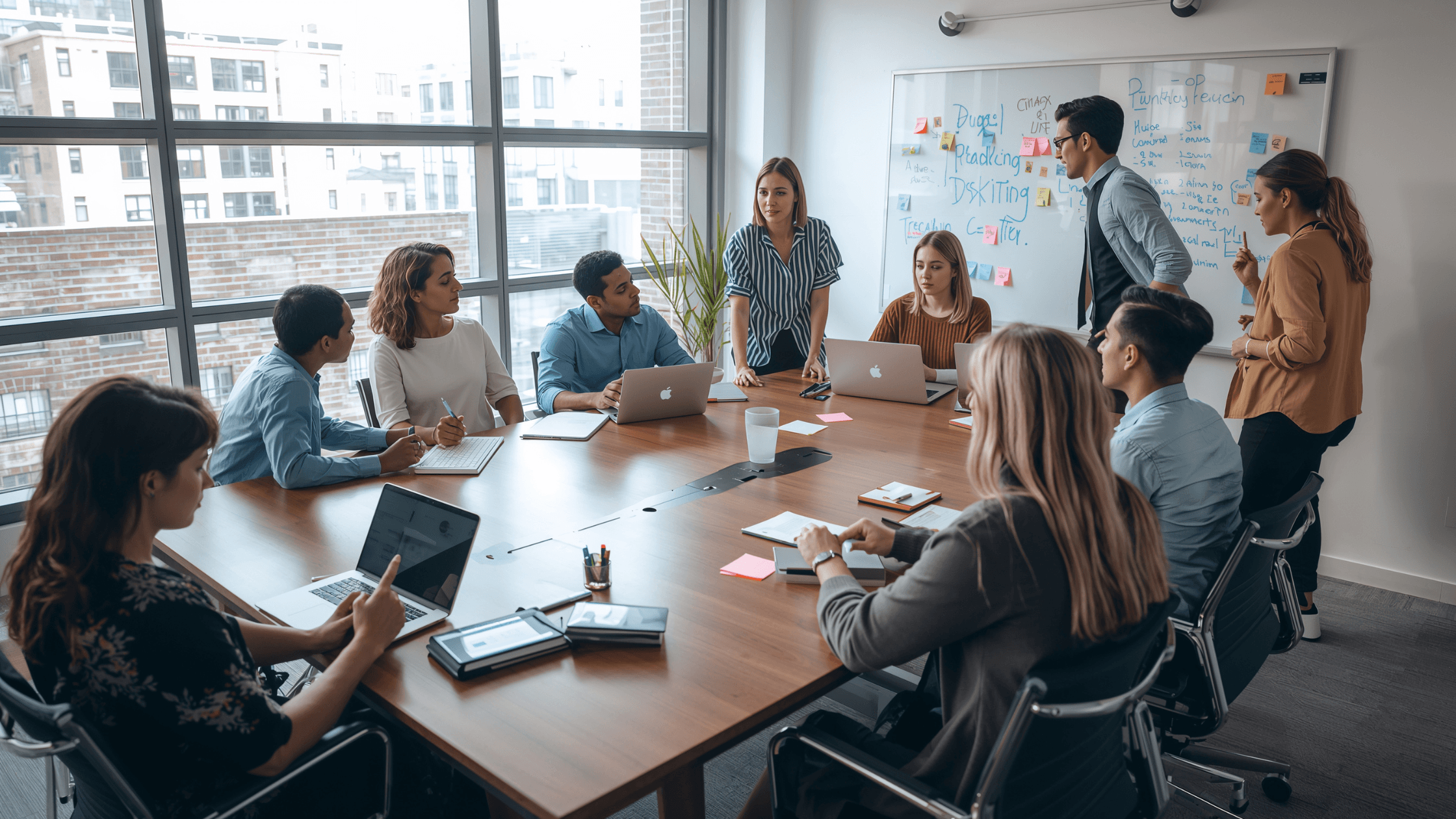 Team meeting in a modern office, with diverse people discussing around a table with laptops, and a whiteboard full of notes in the background.