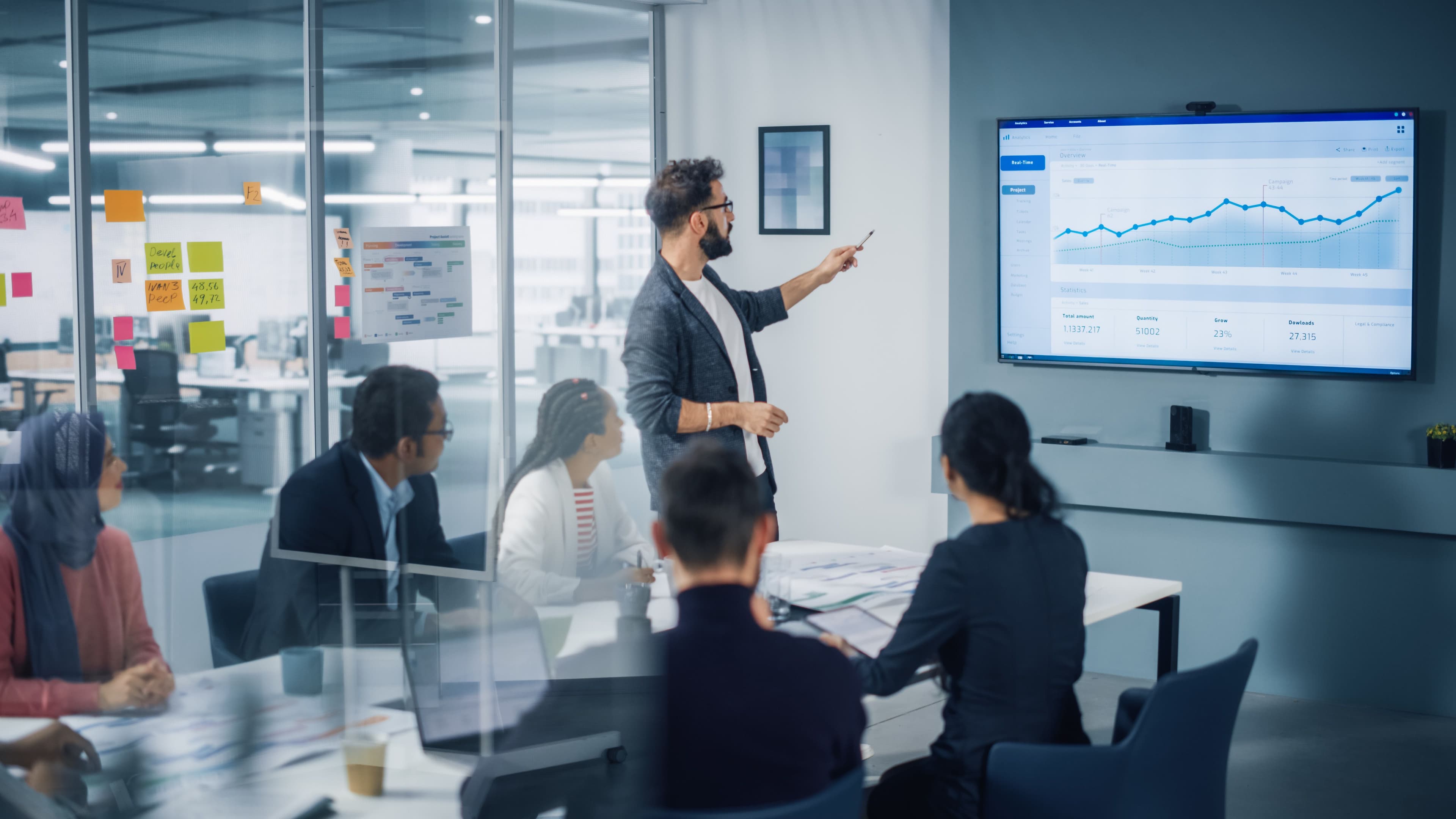 A man presents a graph on a large screen to a group of colleagues in a modern office with glass walls and colorful sticky notes.